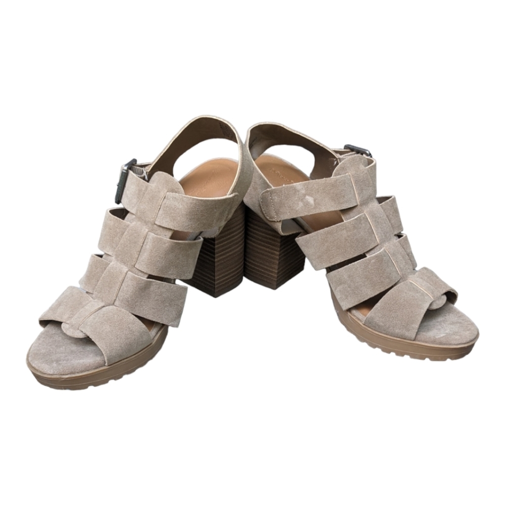 Tan brown nude suede stack heels NEAR NEW buckle sandals 9.5 Universal Thread - Picture 3 of 7